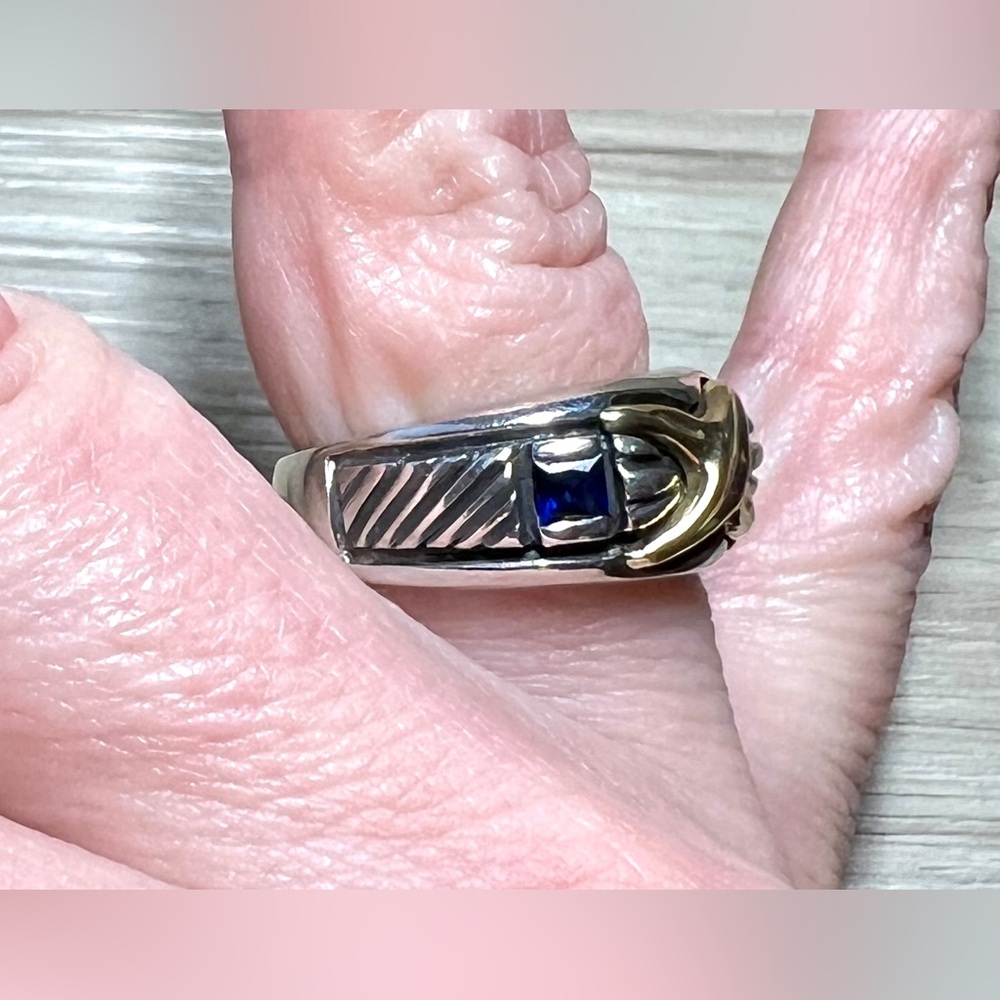 Designer Signed AZ Sterling Silver & 18k Yellow Gold Sapphire Ring, Size 6.5 - Picture 11 of 12